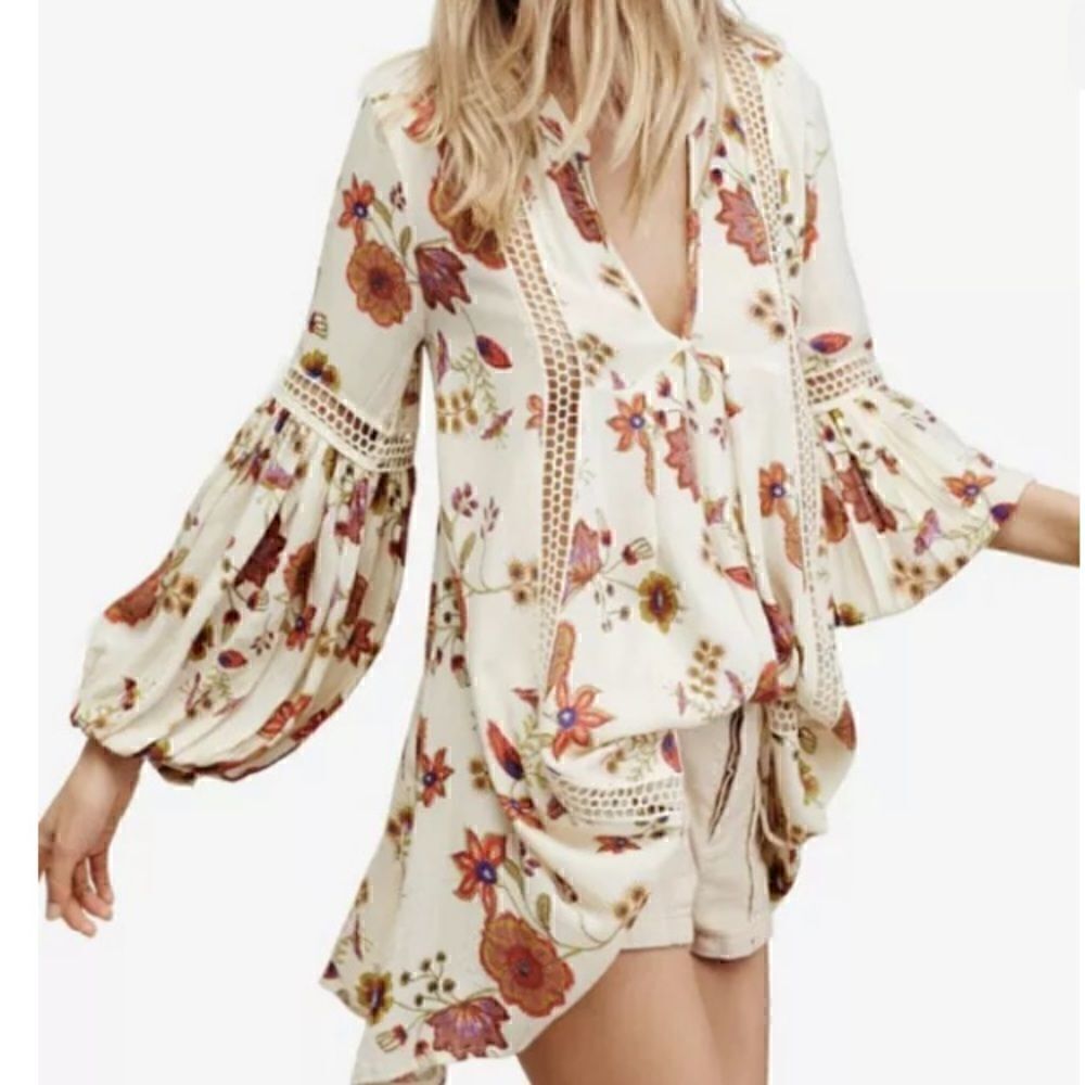 Free People Just the Two of Us Ivory Floral Printed Tunic Sz XS Boho Flowy